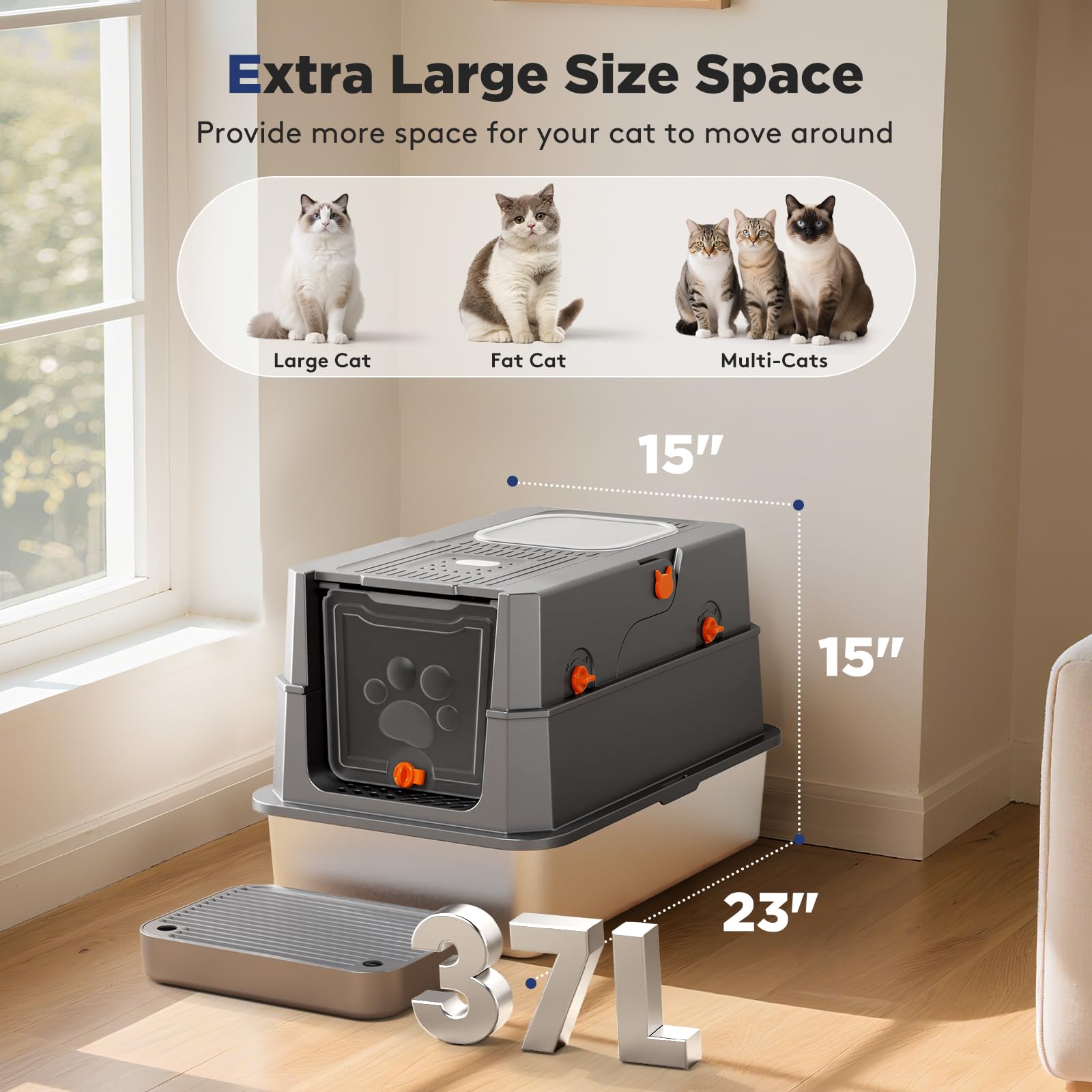 Grand espace 58x38x38 cm pour chats de tailles variées.