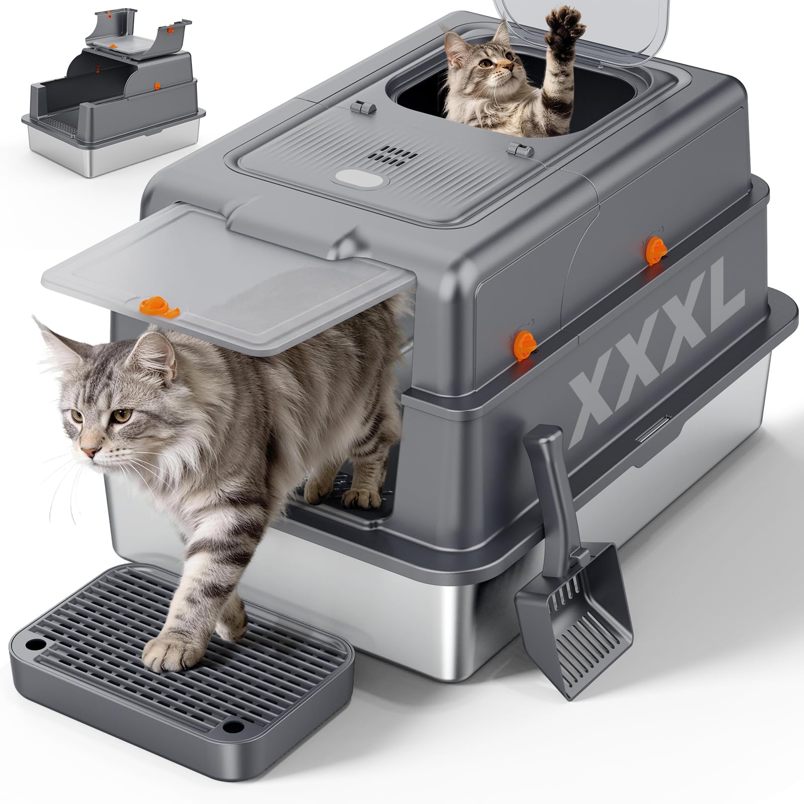 FURTIME XXXL boite litiere acier inoxydable avec couvercle pour grands chats