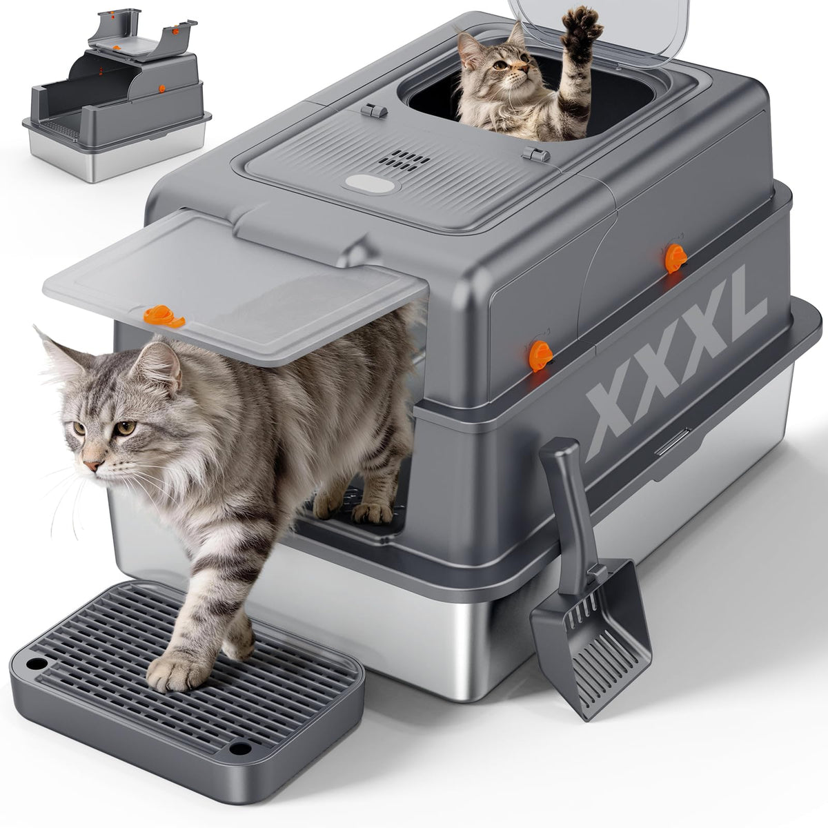 FURTIME XXXL boite litiere acier inoxydable avec couvercle pour grands chats