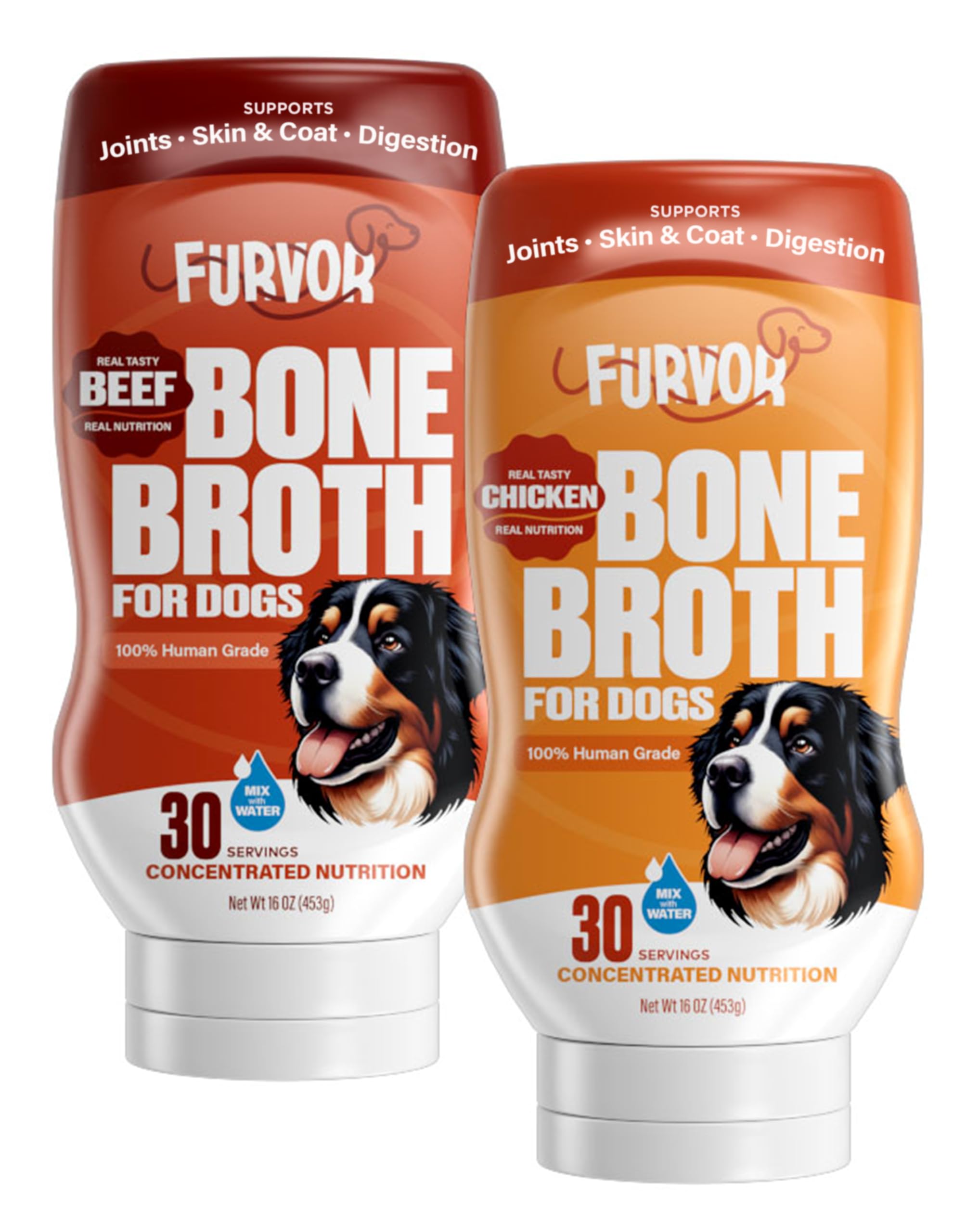 Furvor Bouillon Os Bœuf et Poulet pour Chien, bouteille — hydratation facile et saveur riche.