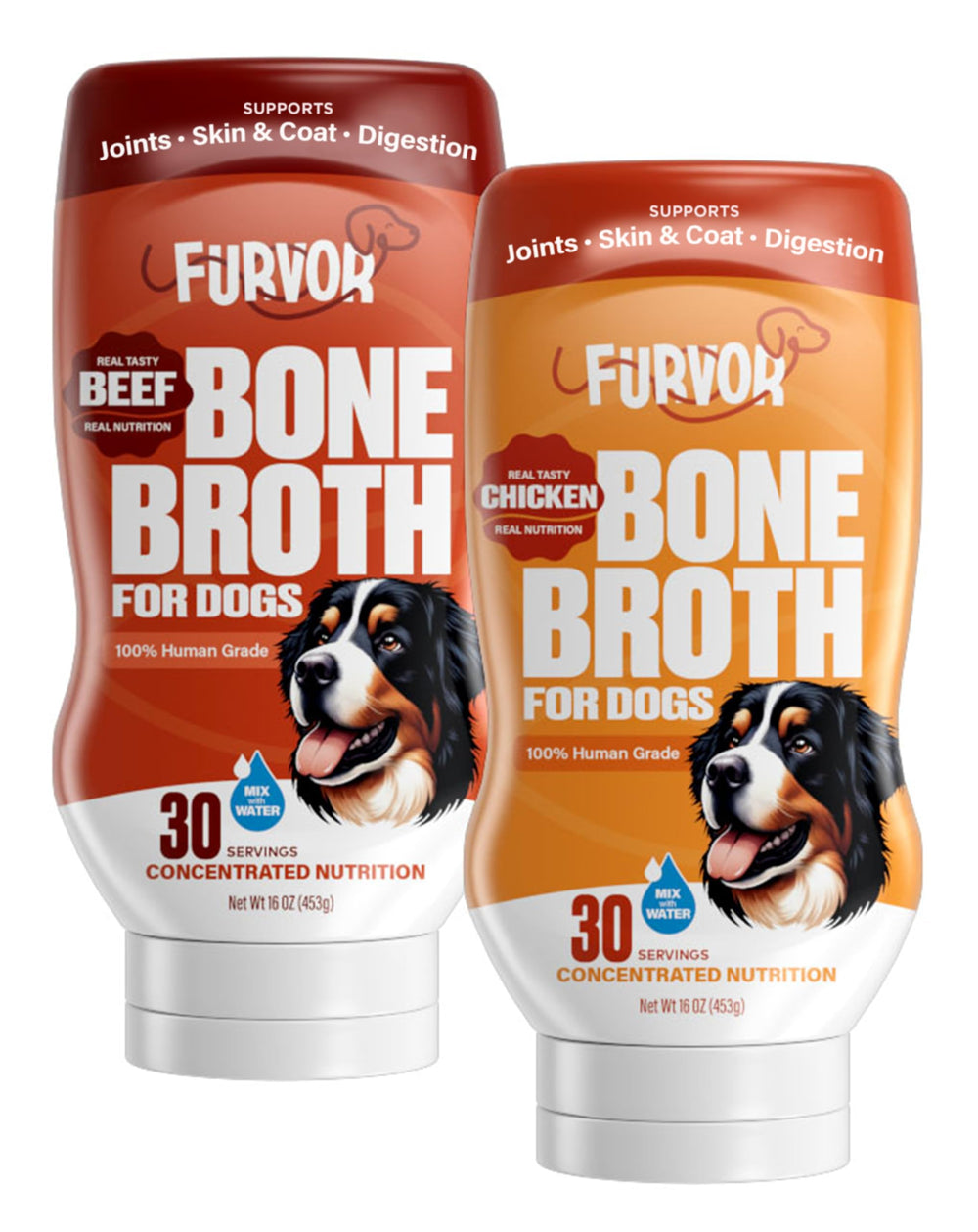 Furvor Bouillon Os Bœuf et Poulet pour Chien, bouteille — hydratation facile et saveur riche.