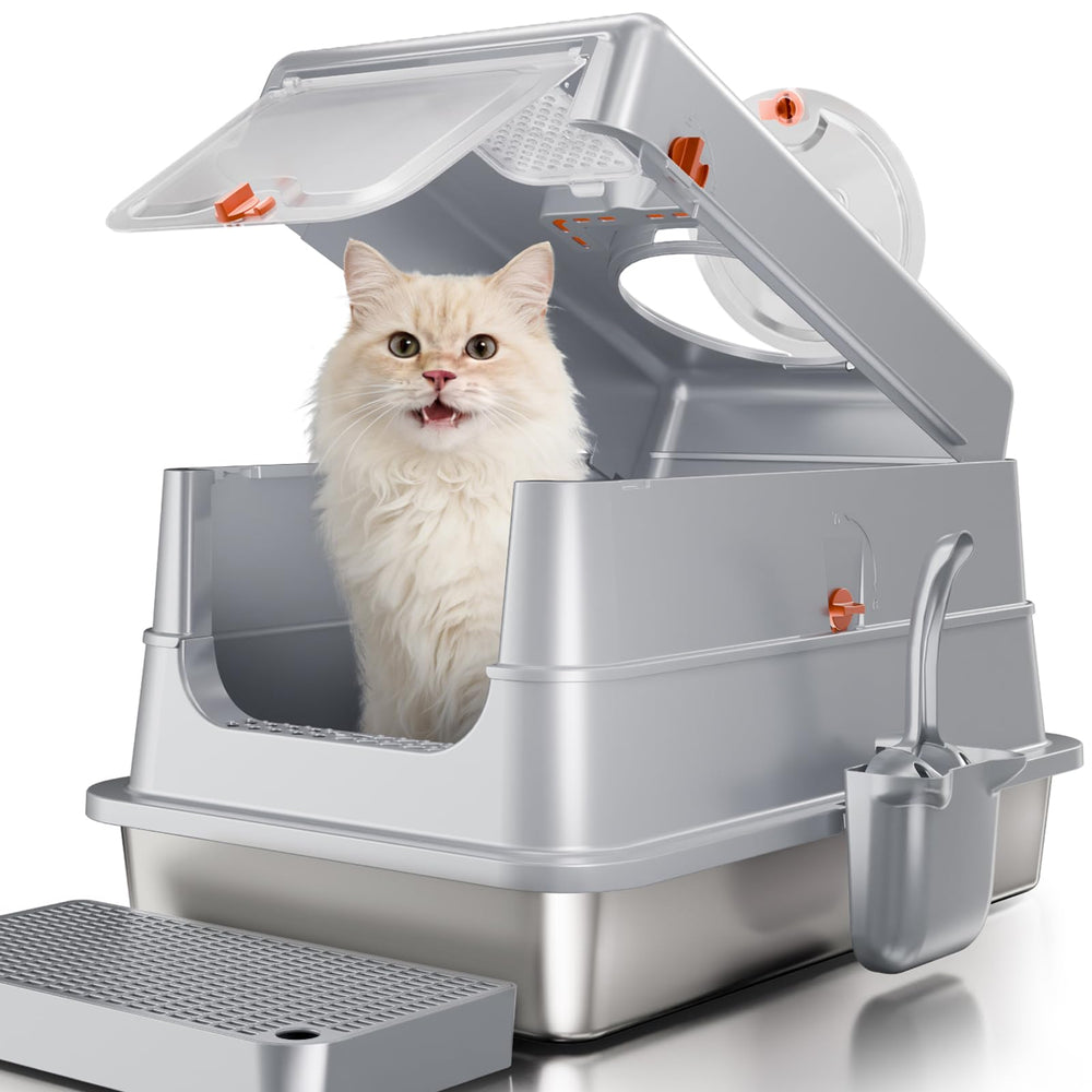 Bac Fusblom en inox avec couverture, pratique et facile à nettoyer pour chats.