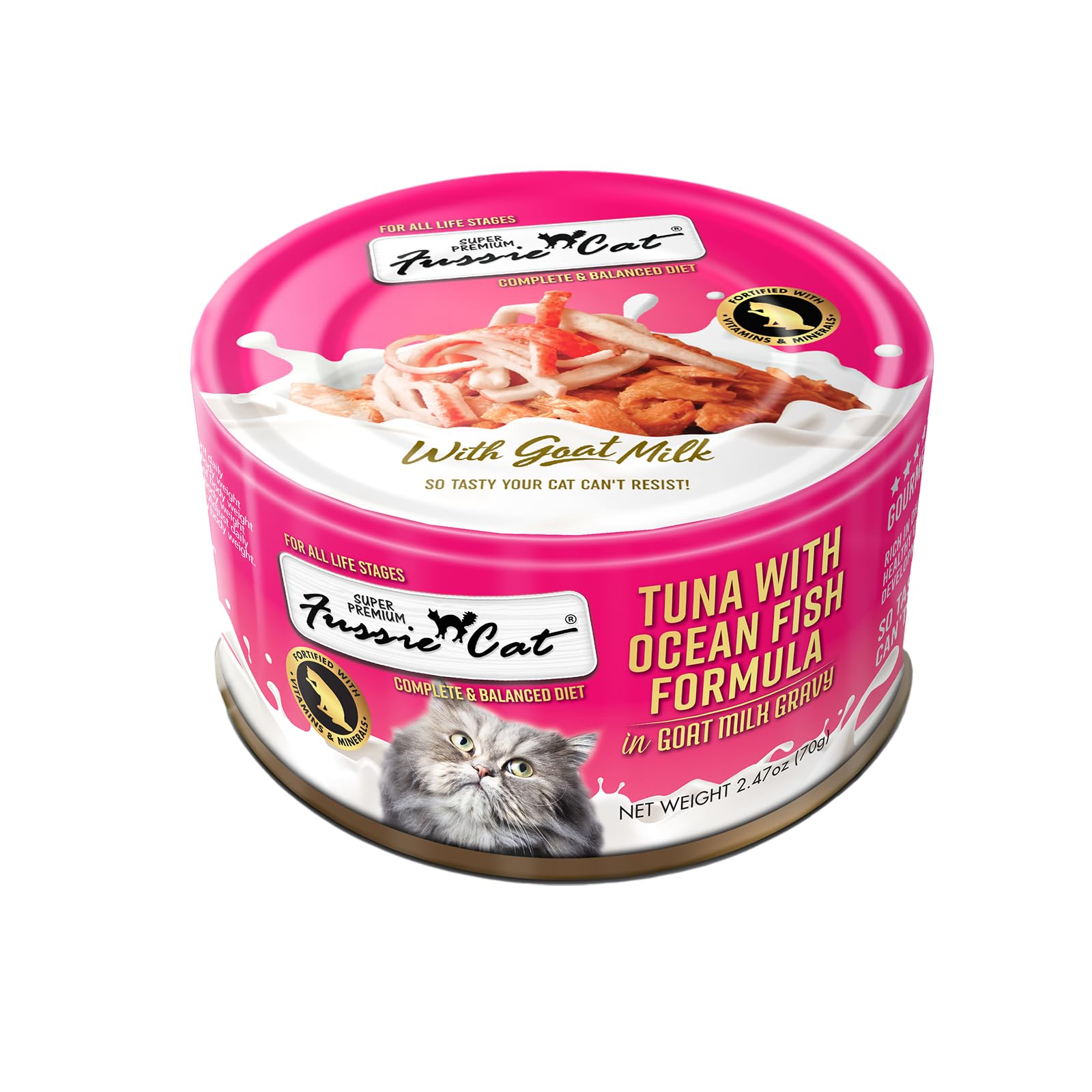 Fussie Cat boites 24 avec gravy lait chèvre et thon oceaniques, pratique pour les repas