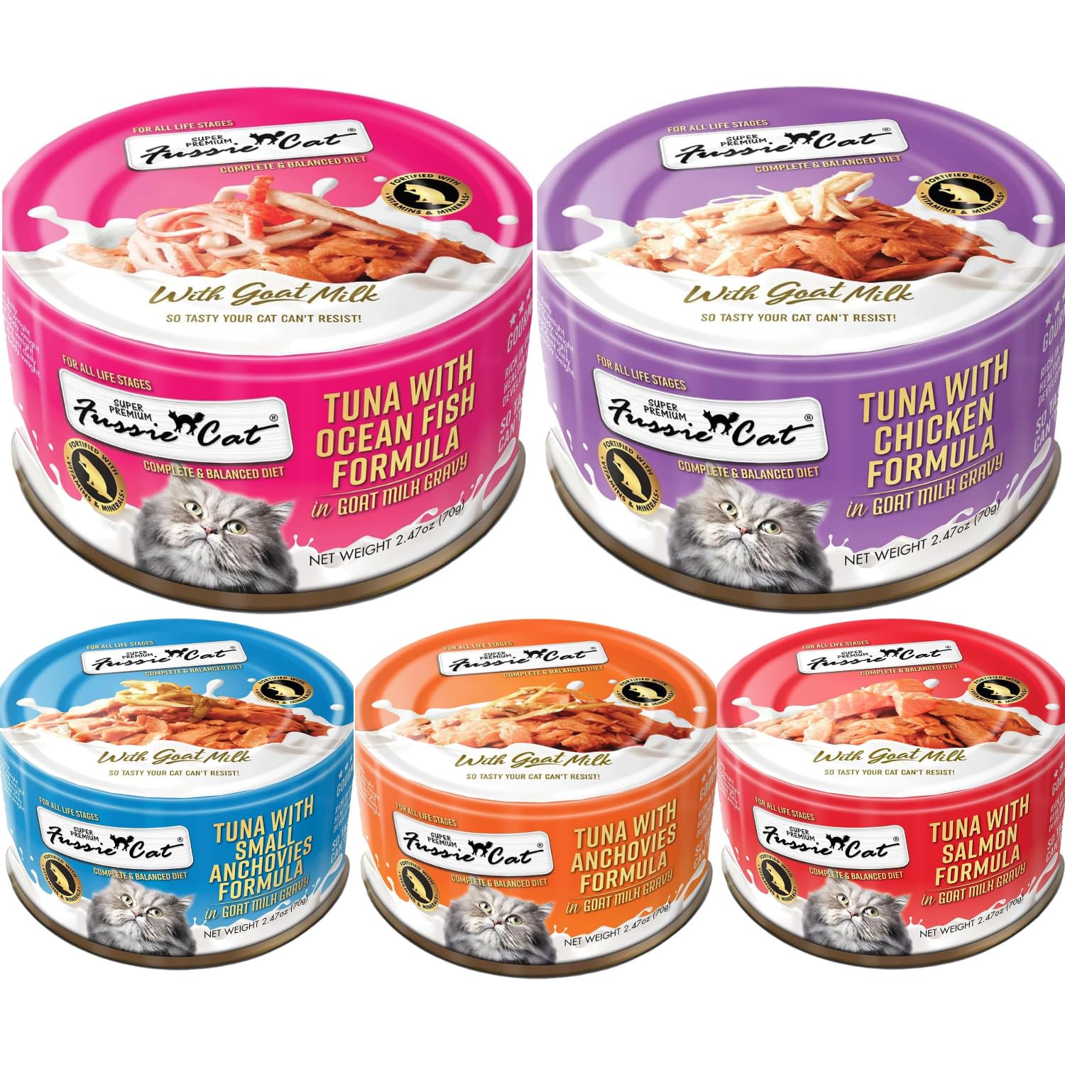 Fussie Cat boîte ouverte montrant une sauce soyeuse au lait de chèvre