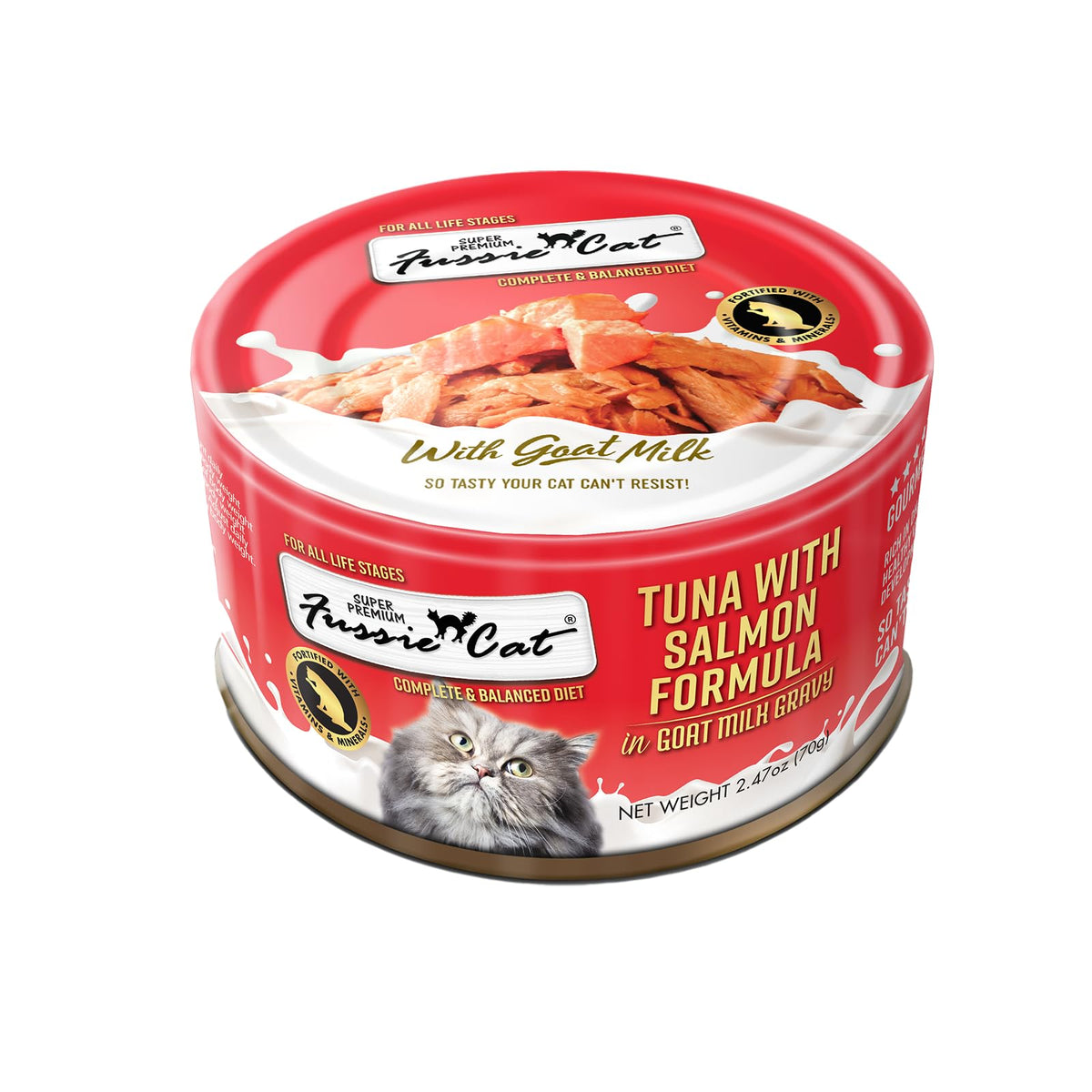 Boîte Fussie Cat tuna-saumon, lait-chèvre prête à servir pour un repas rapide.