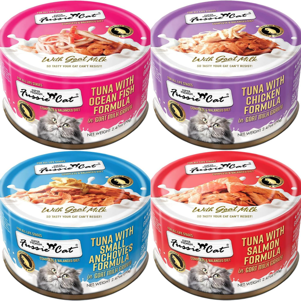 Chat savourant Fussie Cat, sauce au lait de chèvre pour un repas appétissant.