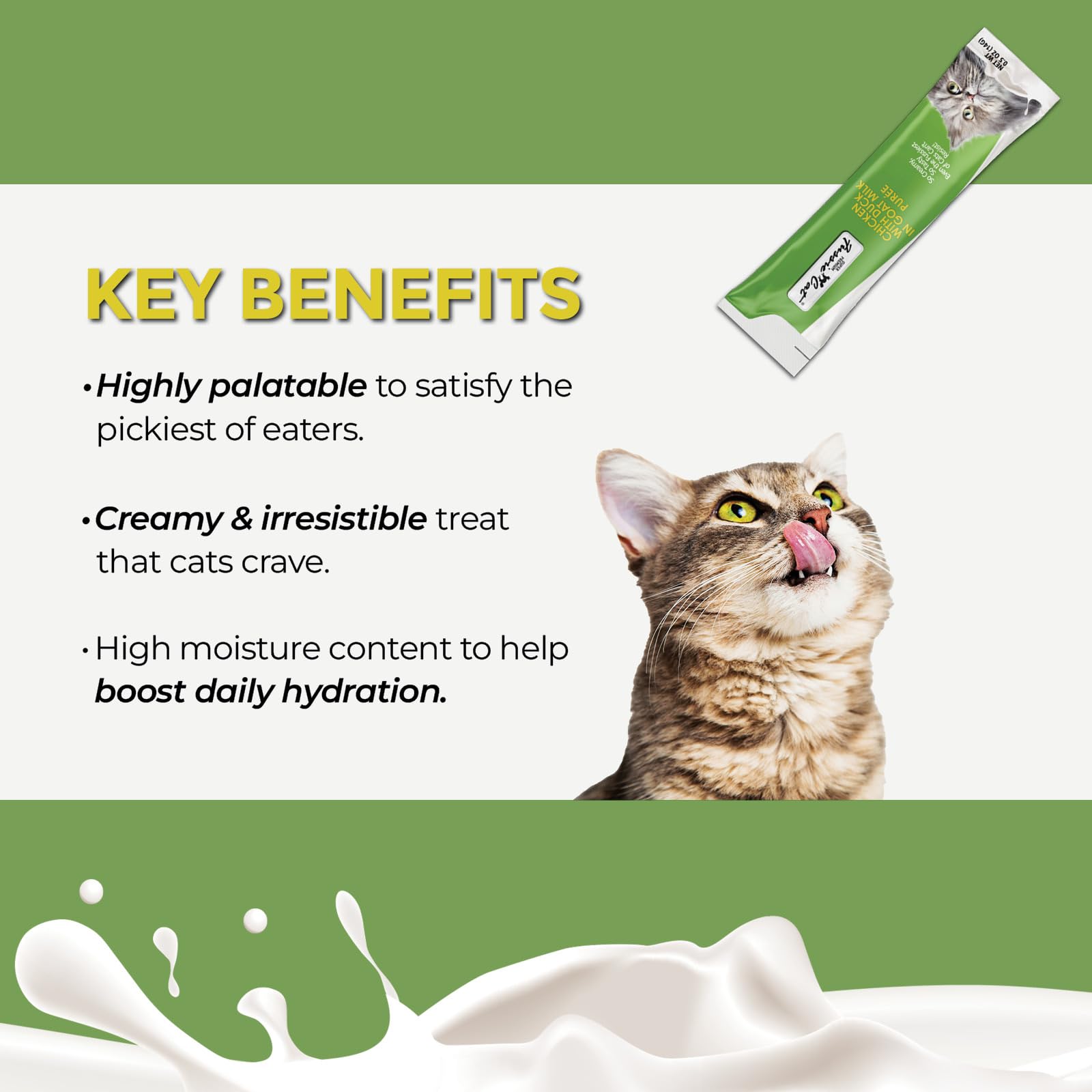Fussie Cat chat savourant purée veloutée au lait de chèvre.