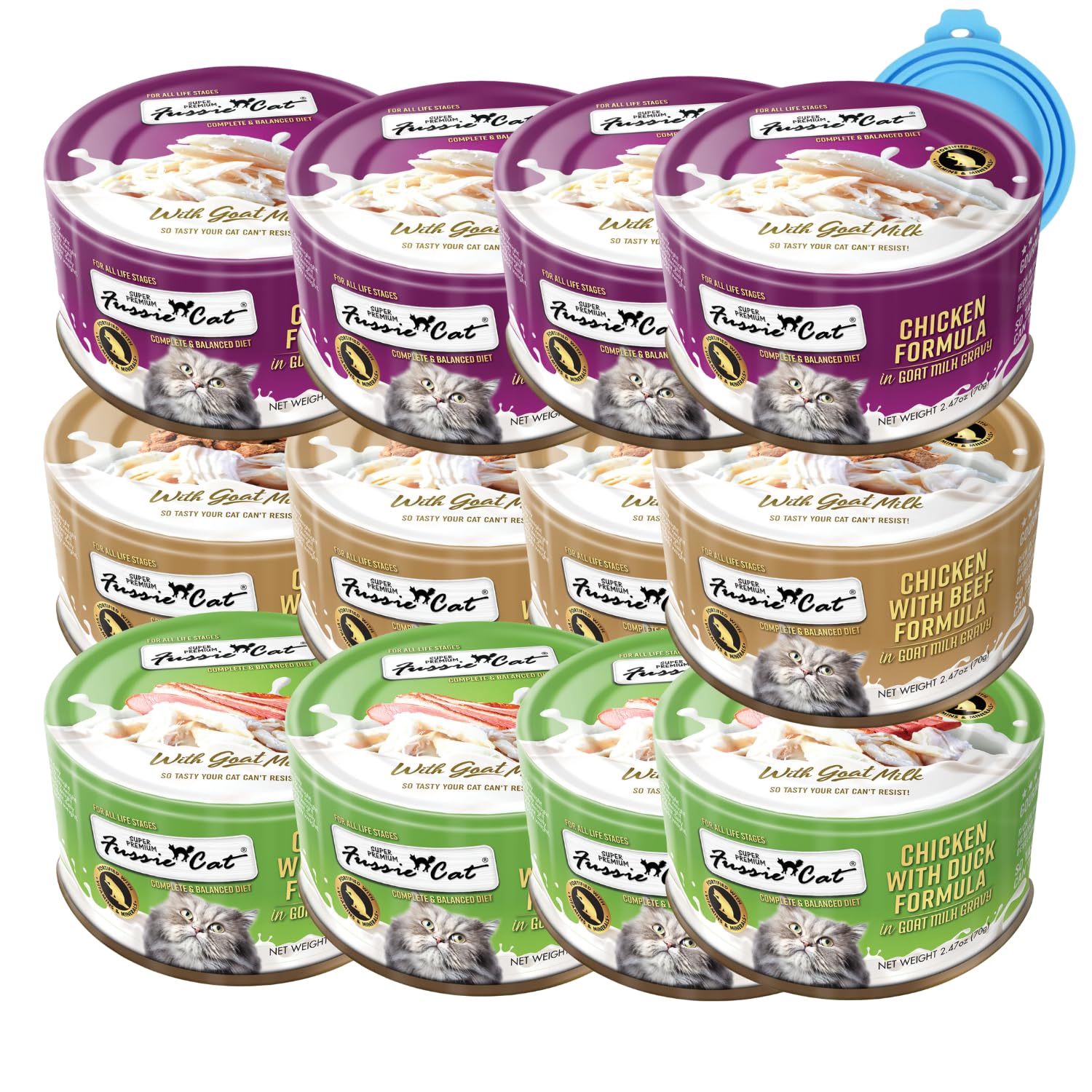 Fussie Cat conserve au lait de chèvre, texture veloutée pour chats exigeants.