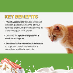 Pâtée Fussie Cat au lait de chèvre avec bouchée appétissante en boîte.