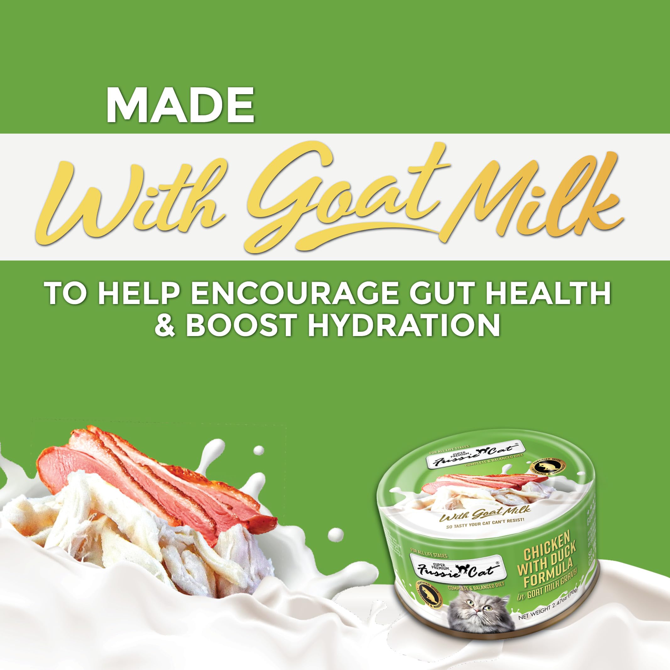 Conserve humide Fussie Cat au lait de chèvre, format pratique.