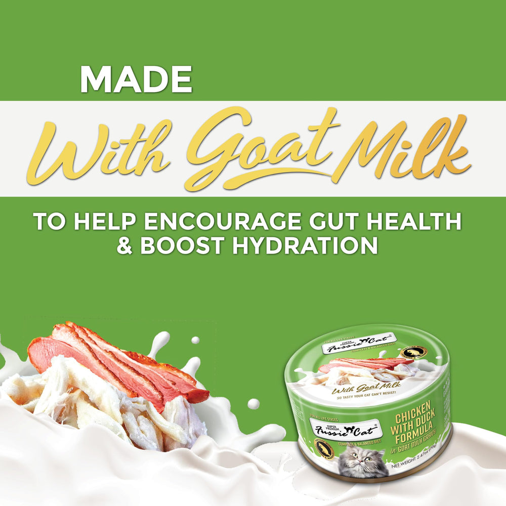 Conserve humide Fussie Cat au lait de chèvre, format pratique.