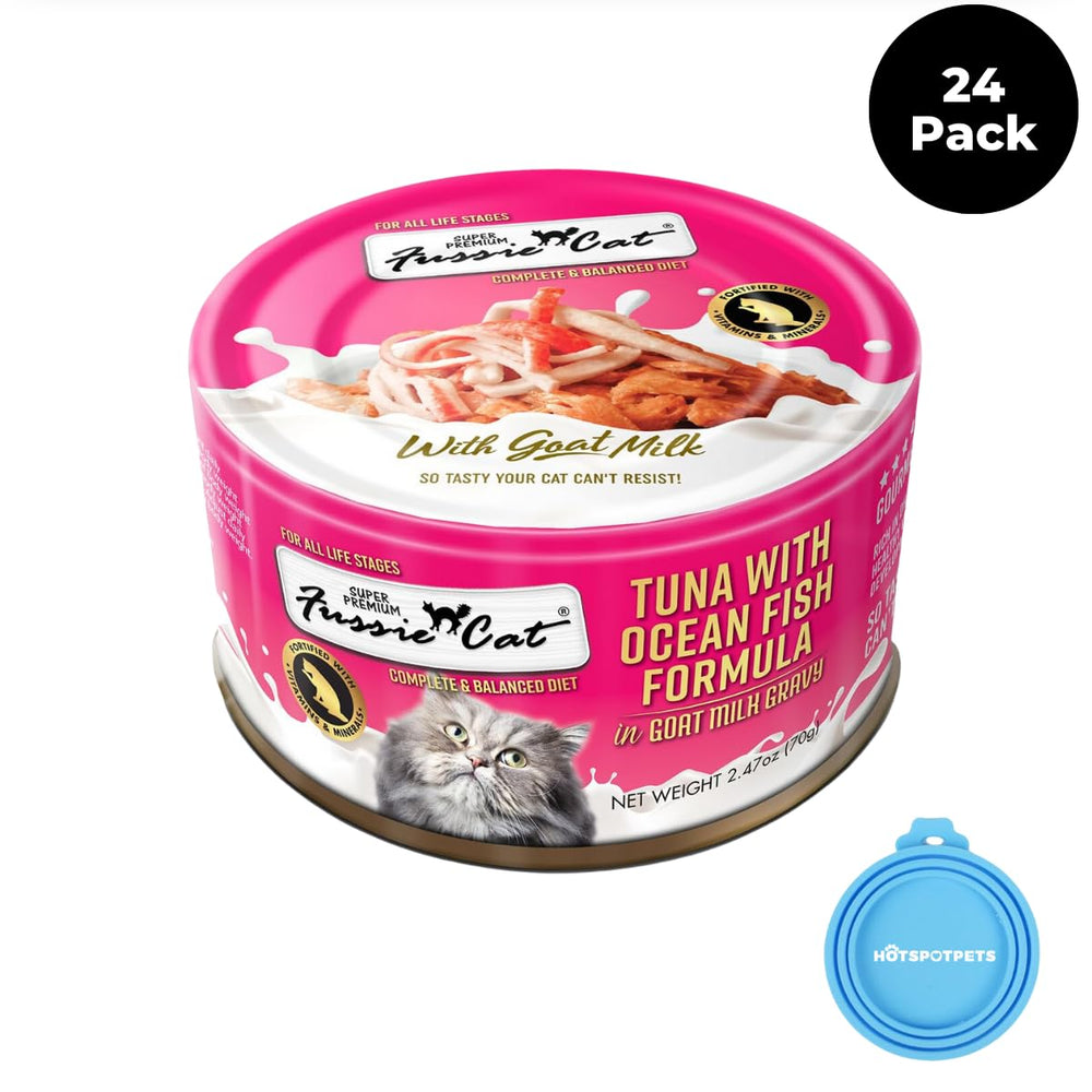 Fussie Cat emballage et etiquette visibles sur l'emballage