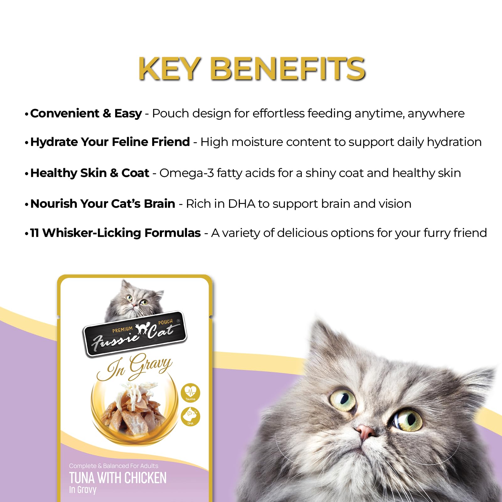 Emballage premium Fussie Cat incite une expérience de repas complète.