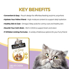 Emballage premium Fussie Cat incite une expérience de repas complète.