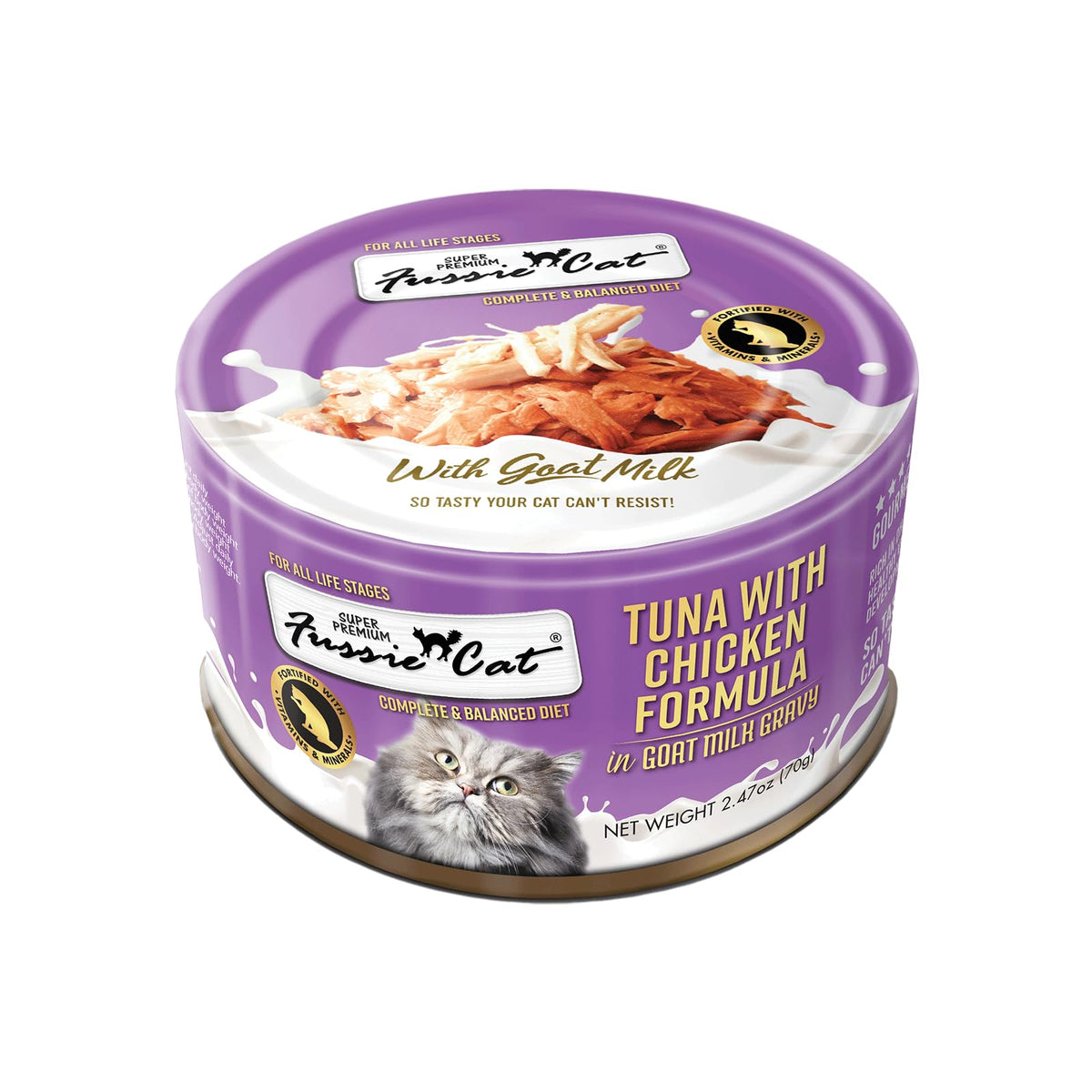 Fussie Cat, boîte thon-poulet avec sauce lait chèvre, repas complet.