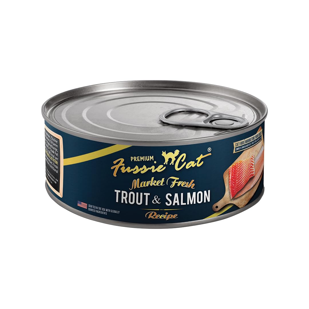 Fussie Cat Market Fresh – boîte 5,5 oz truite et saumon, idéal repas équilibré pour chats.