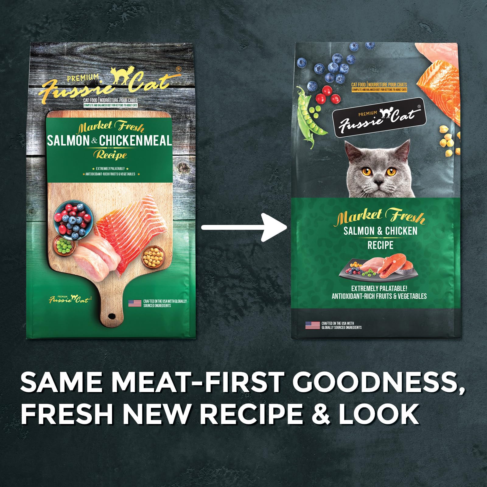 Fussie Cat Market Fresh croquettes dans bol, goût apprécié par les chats.