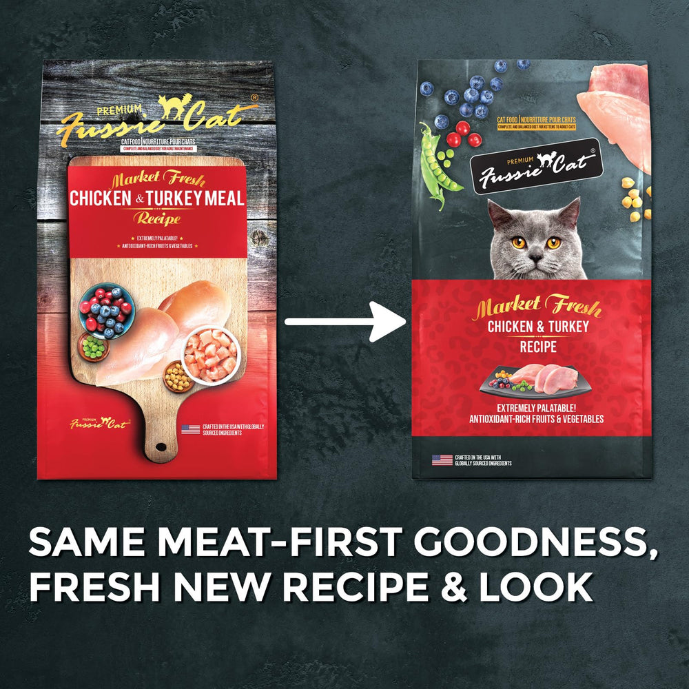 Fussie Cat Market Fresh croquettes poulet et dinde, forme croquante pour chat.