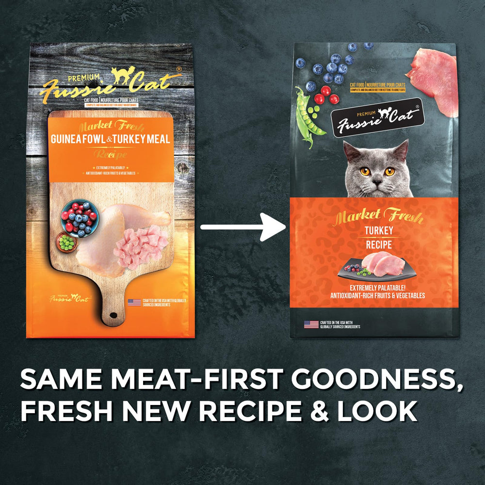 Fussie Cat Market Fresh, croquettes dinde, texture appétissante pour chats exigeants.