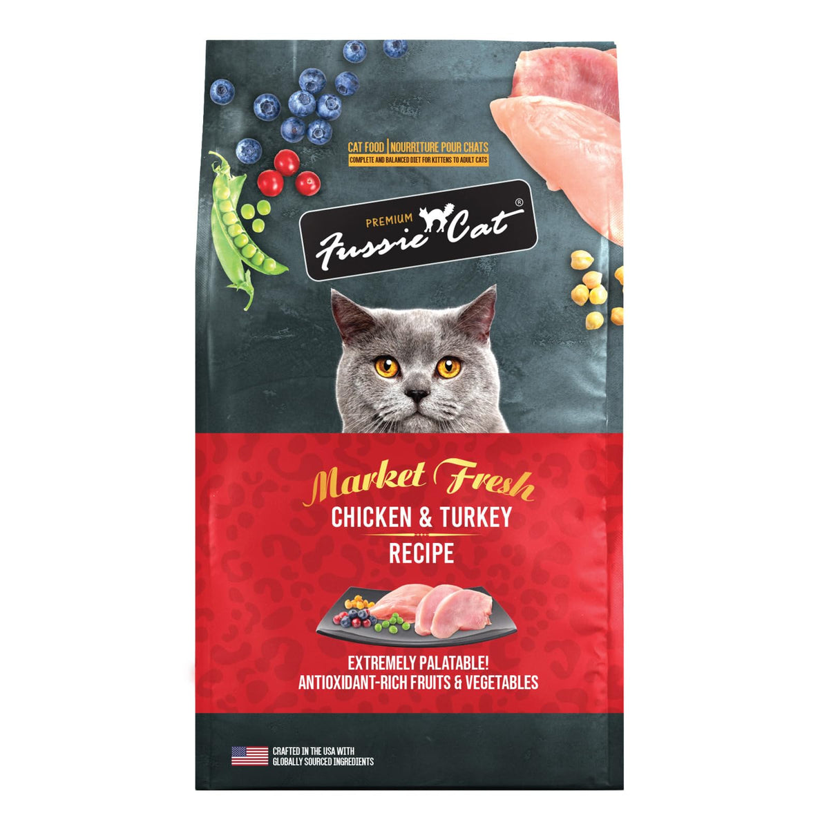 Fussie Cat Market Fresh – face du sac 10 lb, croquettes appétentes.