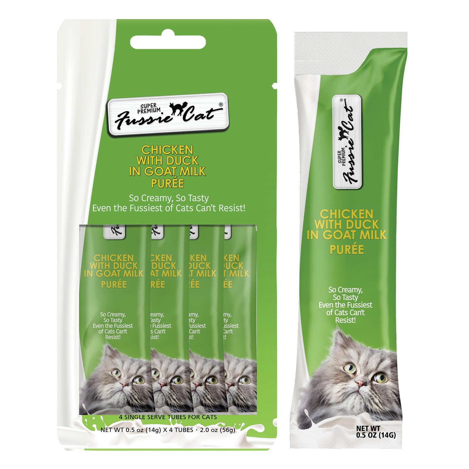 Fussie Cat purée poulet et canard au lait de chèvre, texture gourmande.
