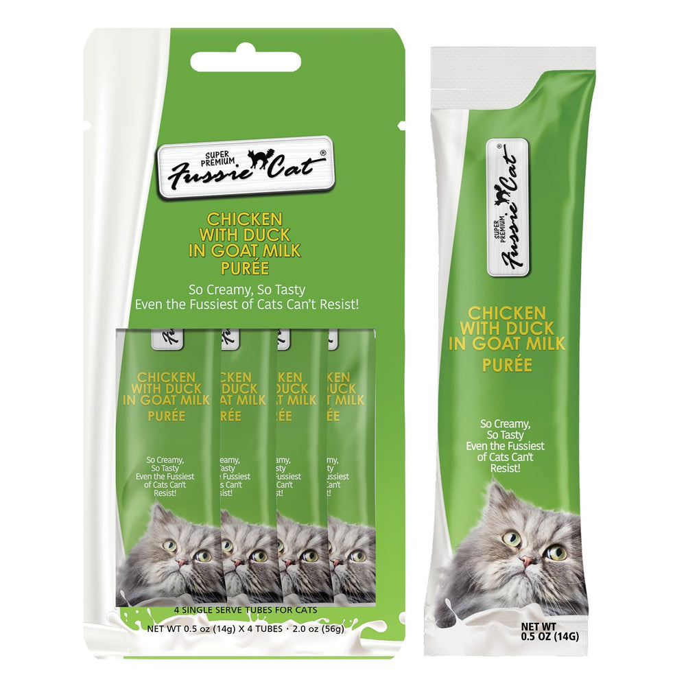 Fussie Cat purée poulet et canard au lait de chèvre, texture gourmande.