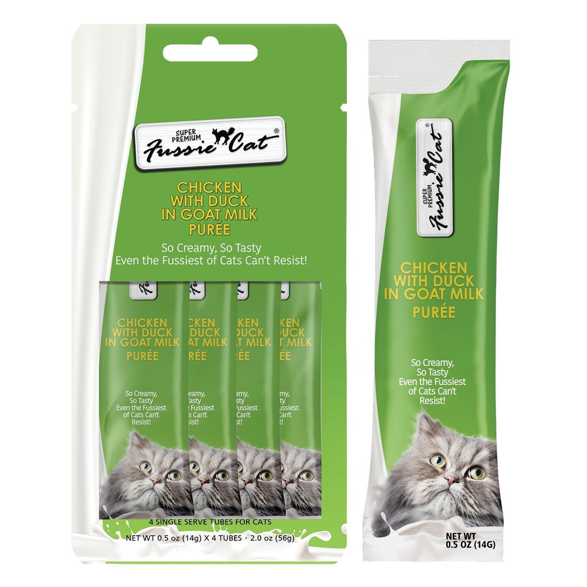 Fussie Cat purée poulet et canard au lait de chèvre, texture gourmande.