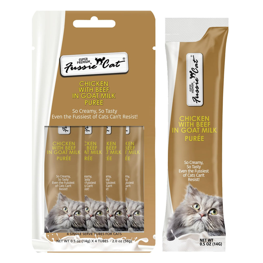 Fussie Cat poulet et boeuf en purée lait de chèvre, friandise savoureuse.