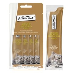 Fussie Cat poulet et boeuf en purée lait de chèvre, friandise savoureuse.