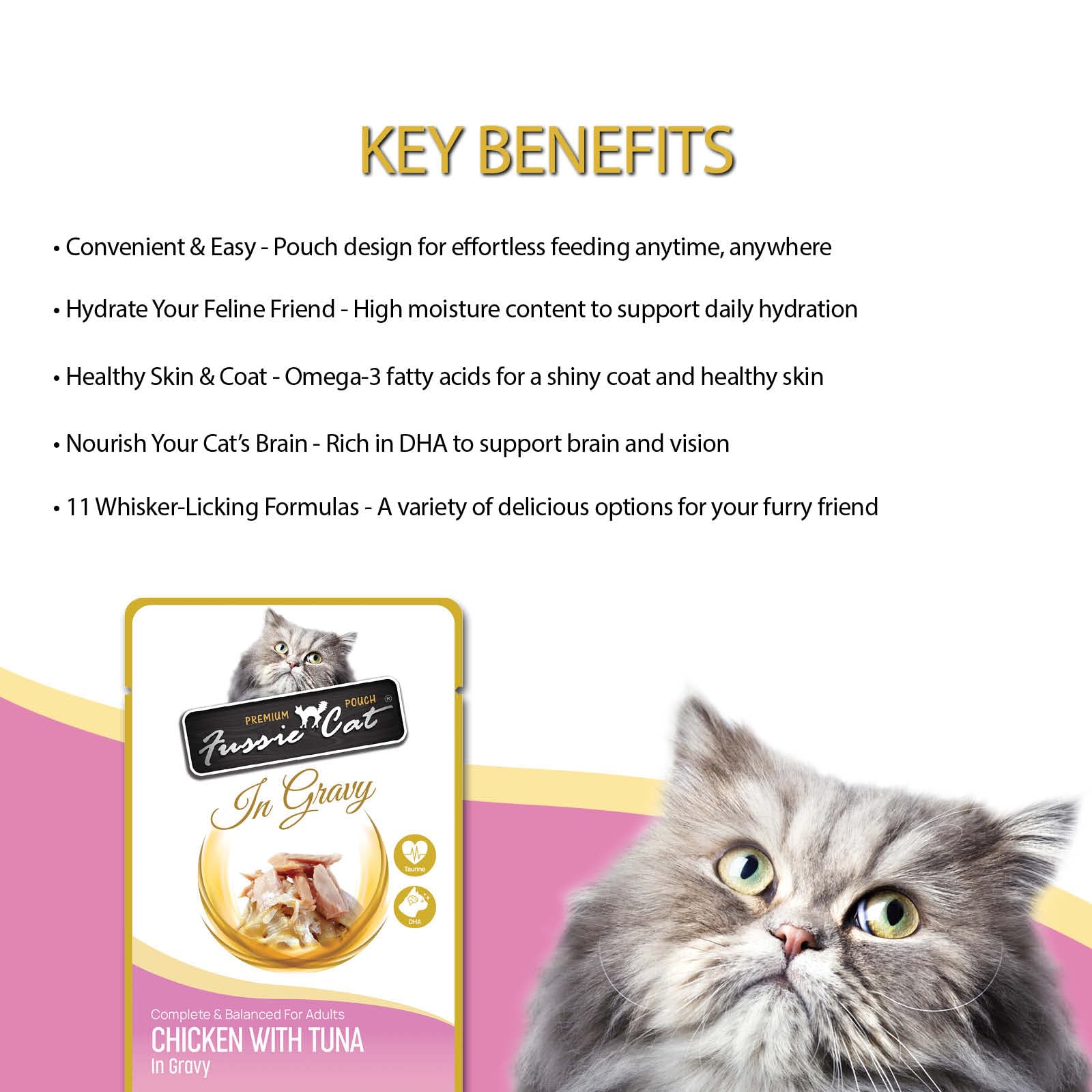 Fussie Cat Premium DHA Omega-3, favorise le développement et le pelage.