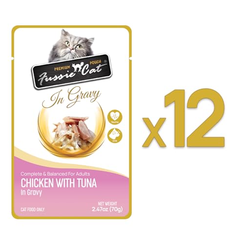 Fussie Cat Premium morceaux poulet-thon en sauce, portions appétissantes pour chats.