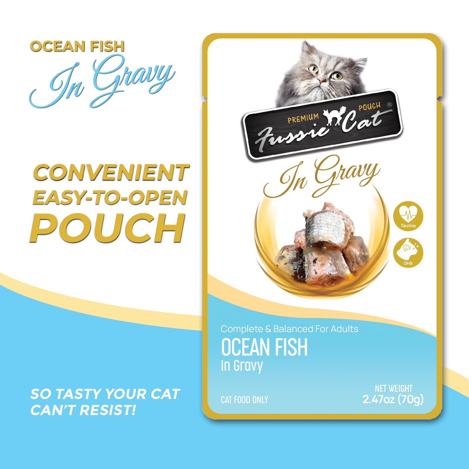 Ouverture facile des sachets Fussie Cat Premium, pratique pour les repas.