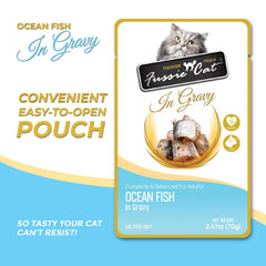 Ouverture facile des sachets Fussie Cat Premium, pratique pour les repas.