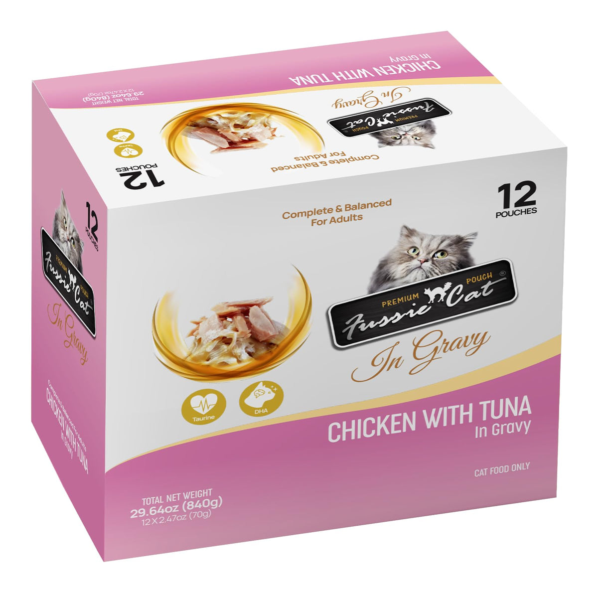 Fussie Cat Premium poulet-thon en sauce, sachet ouvert, hydratation quotidienne.