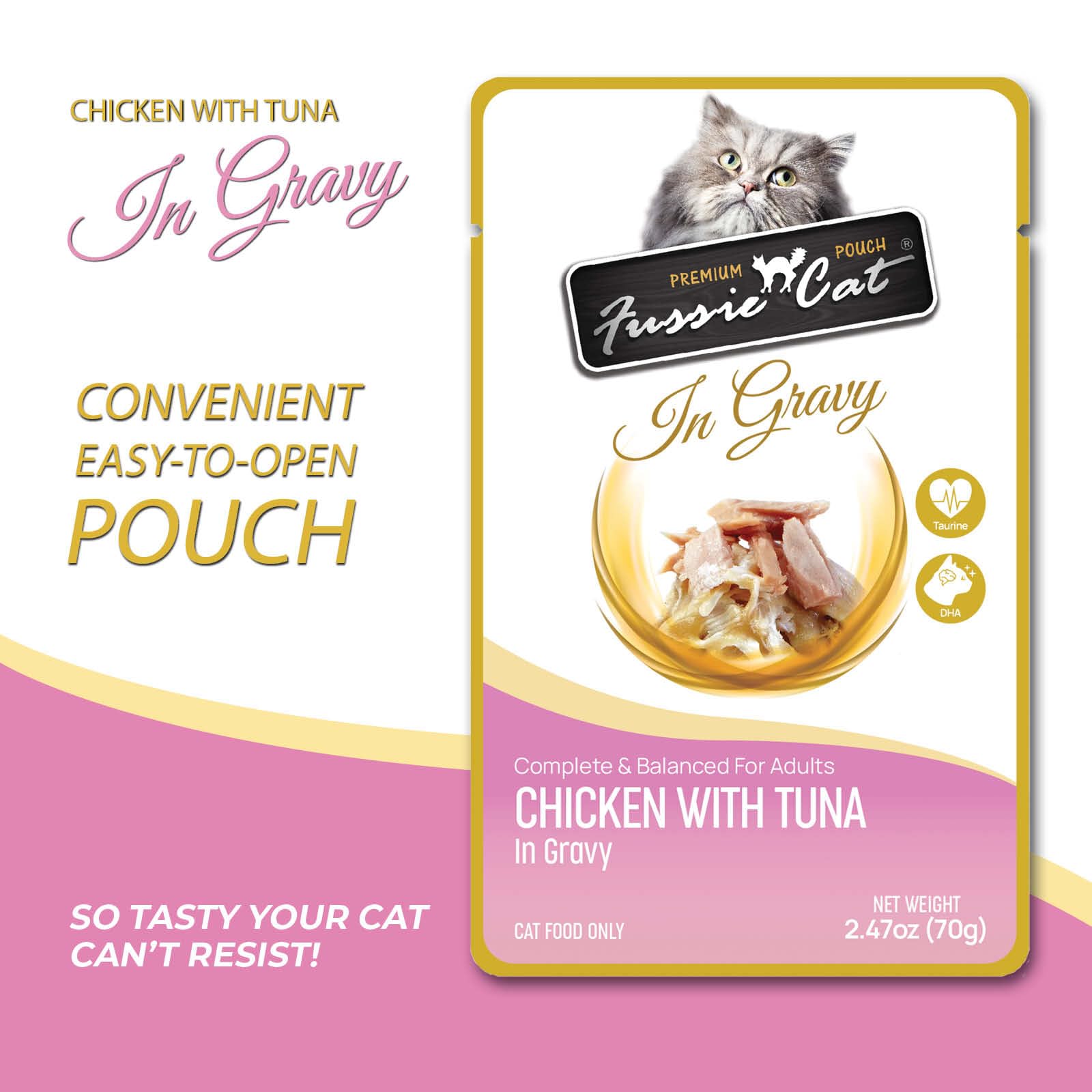 Fussie Cat Premium sachets pratiques, repas complet pour chat adulte.