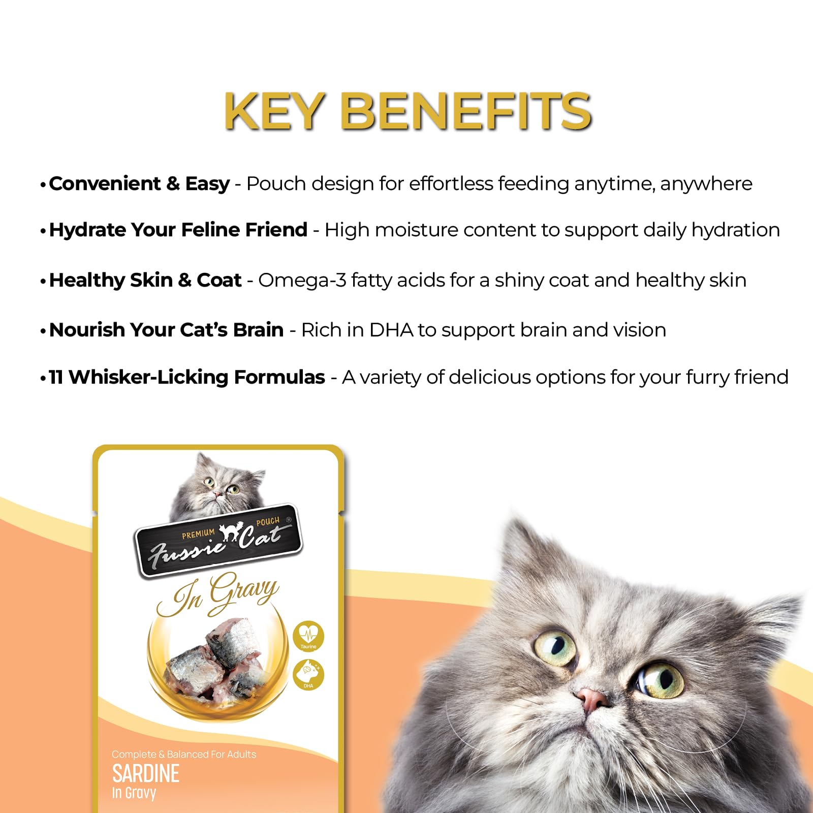 Fussie Cat Premium Sardine dans Sauce – chat appréciant le repas pratique en sachet.