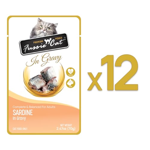 Fussie Cat Premium Sardine dans Sauce – morceaux sardine visibles, texture appétente.
