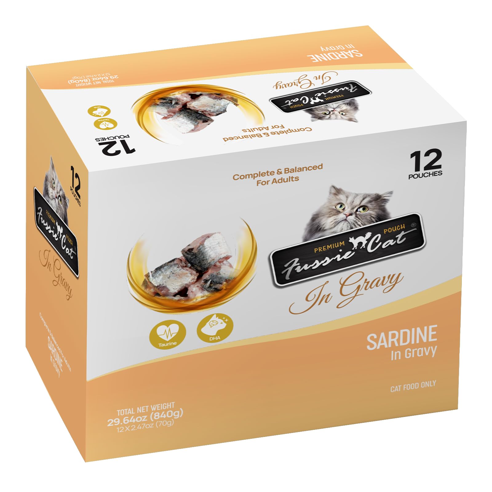 Fussie Cat Premium Sardine dans Sauce – sachet face ouvert, hydratation potentielle.