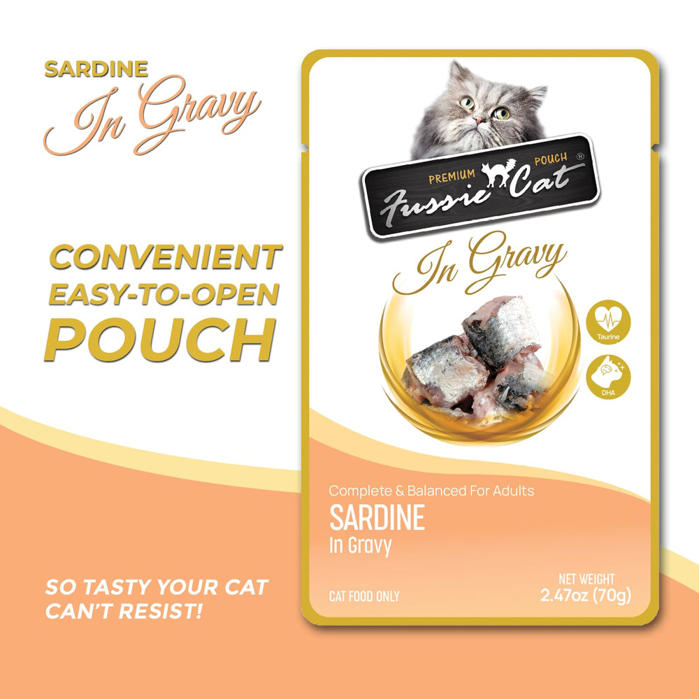 Fussie Cat Premium Sardine dans Sauce – texture humide qui soutient l'hydratation.