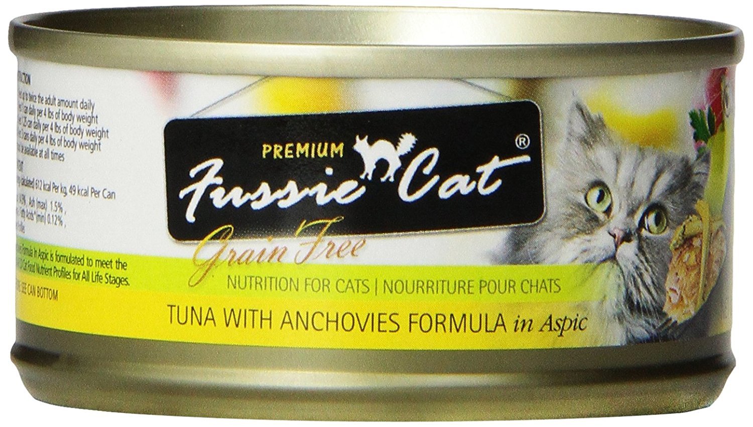 Fussie Cat Premium thon et anchois en aspic, boîte ouverte avec texture appétissante.
