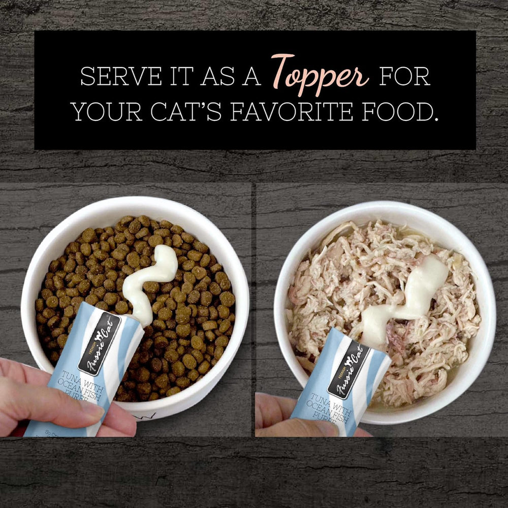 Fussie Cat Purée Garniture-Repas, dosage facile pour une alimentation variée.