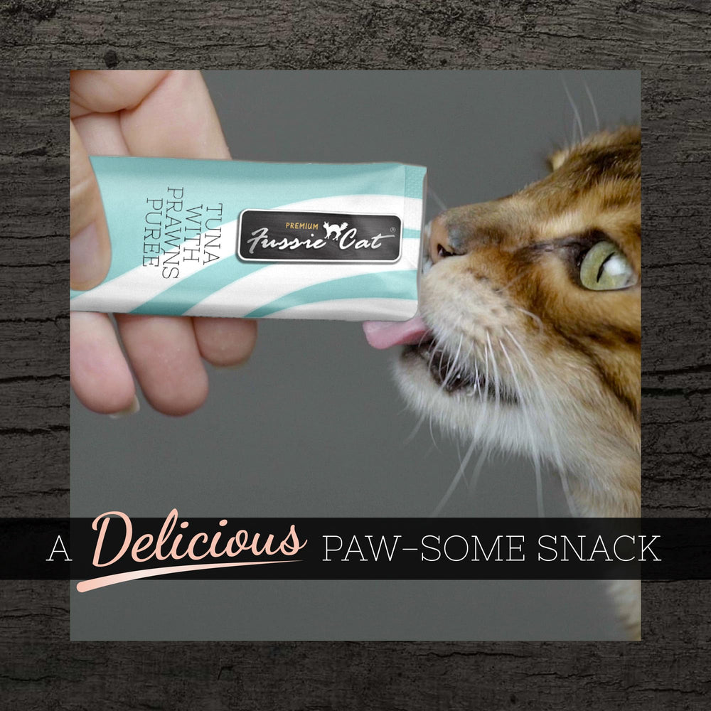 Fussie Cat Puree Thon-Crevettes-Tube-Aromatisee : parfum délicat qui stimule l appétit.
