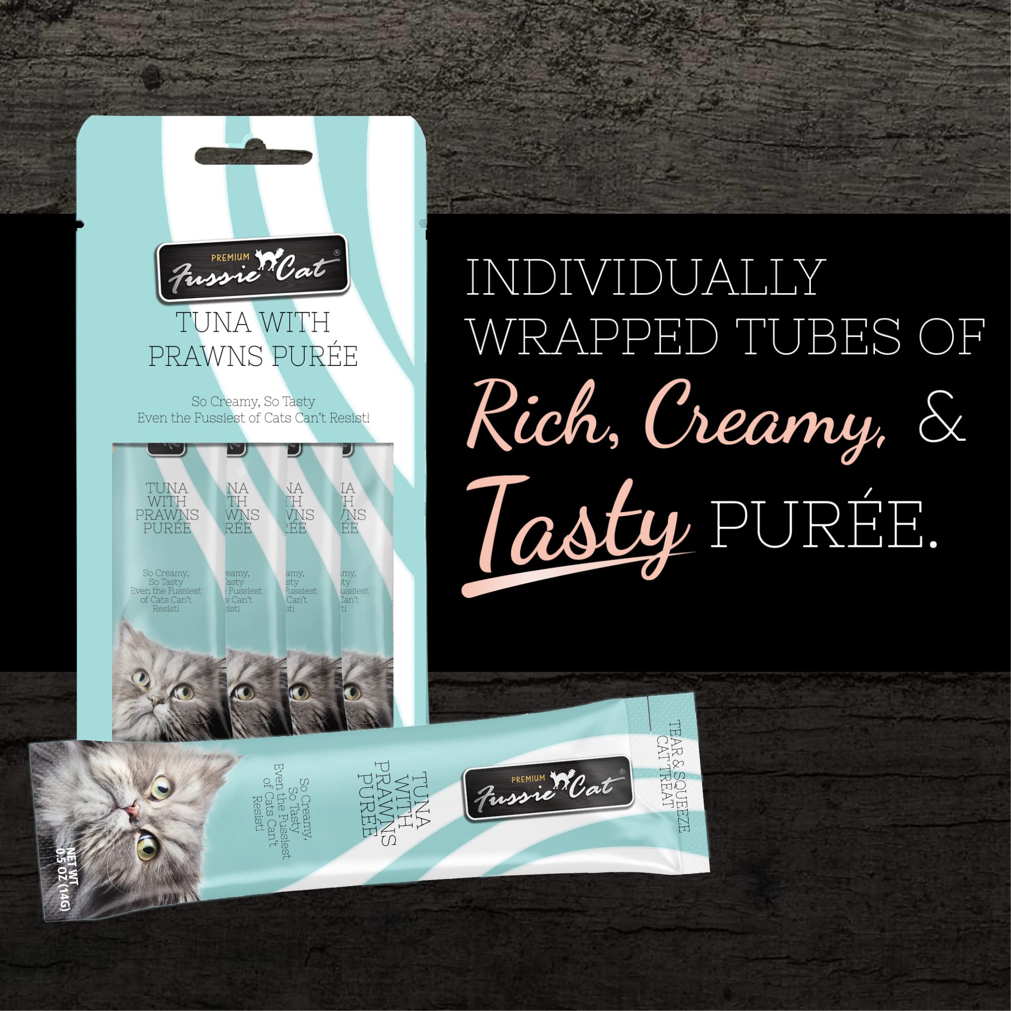 Fussie Cat Puree Thon-Crevettes-Tube-Lisse : texture douce pour partager un moment.