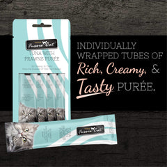 Fussie Cat Puree Thon-Crevettes-Tube-Lisse : texture douce pour partager un moment.