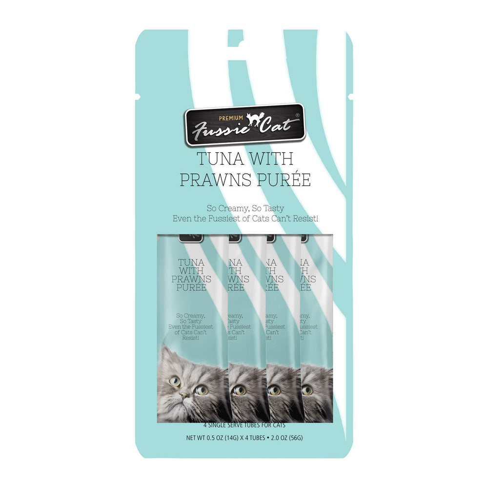Fussie Cat Puree Thon-Crevettes-Tube : texture onctueuse pour agrémenter le repas.