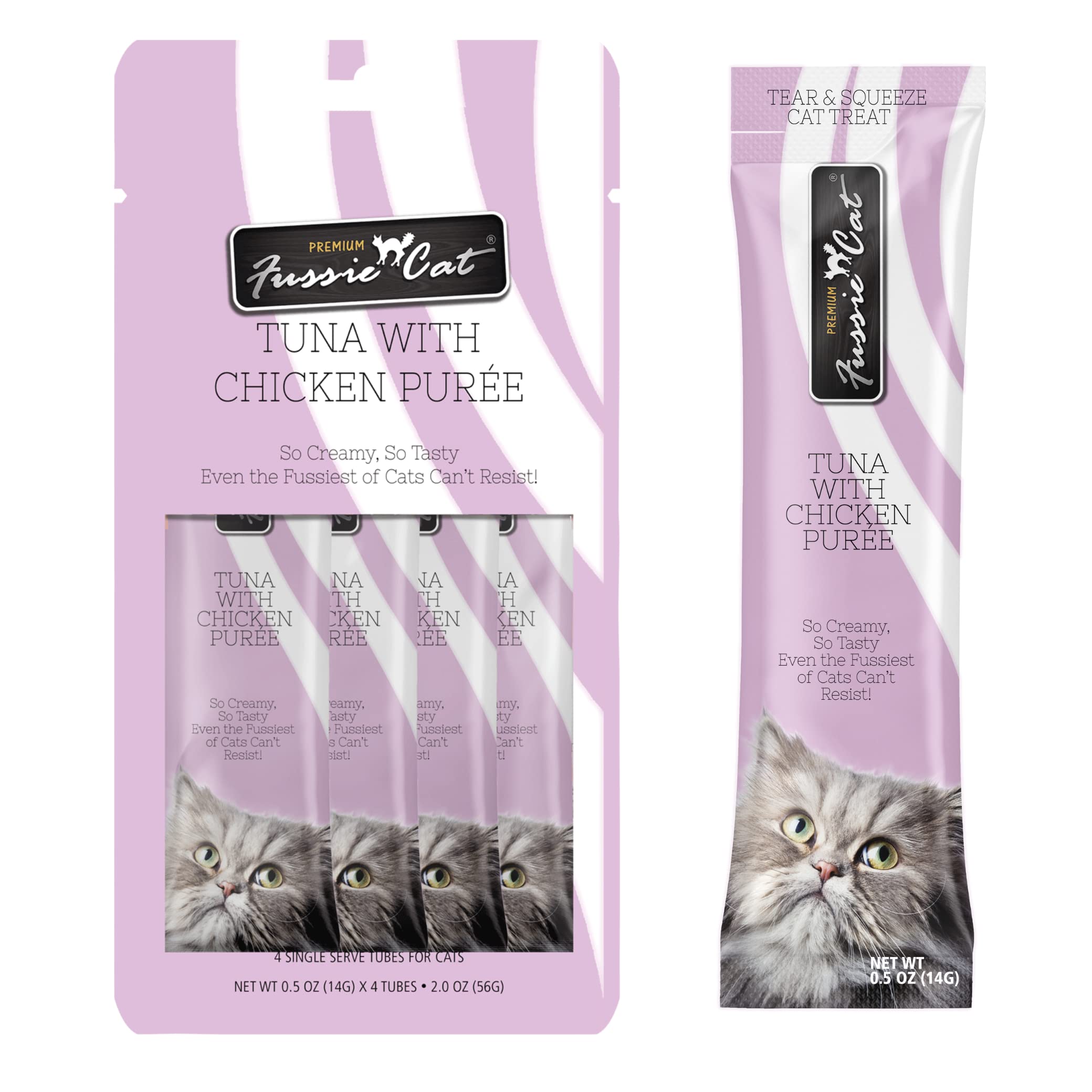 Purée Fussie Cat thon-poulet, texture douce pour régaler votre chat au repas.