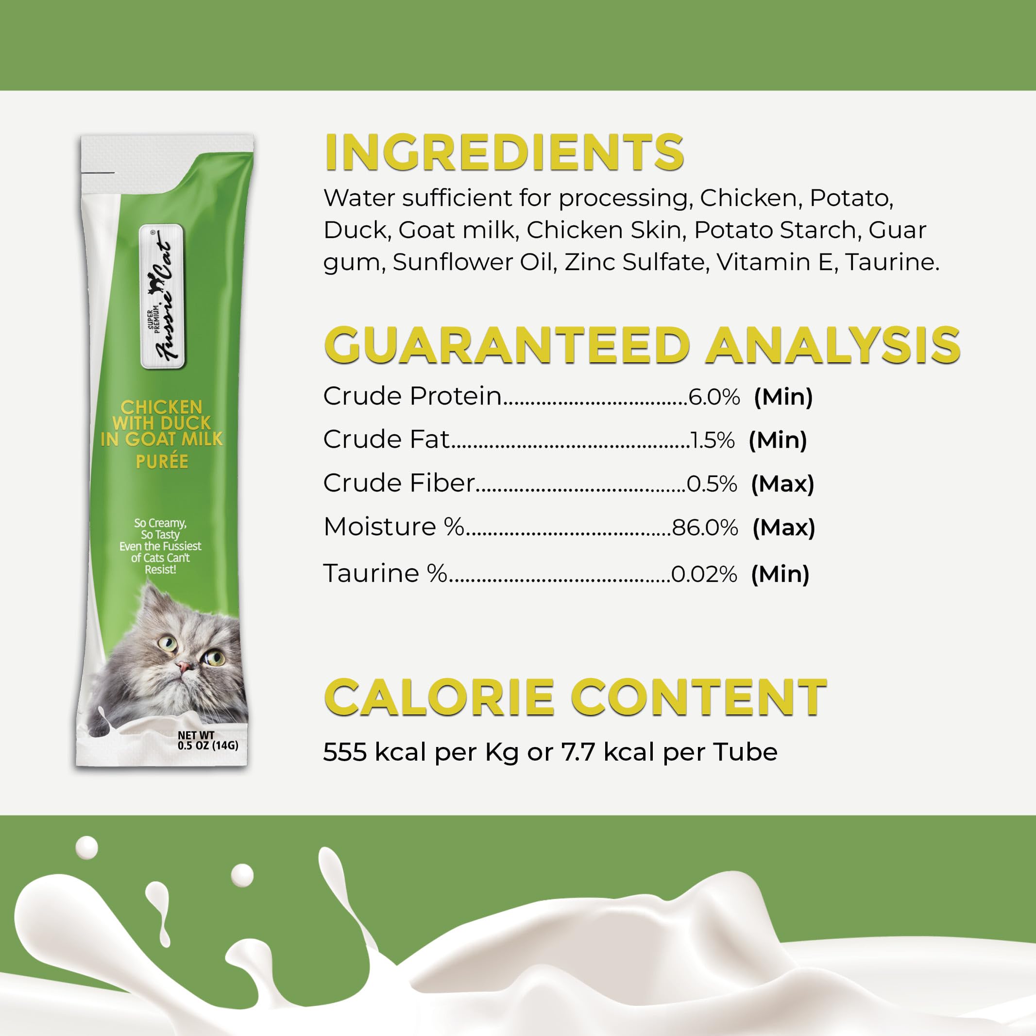 Fussie Cat purée crémeuse au lait de chèvre, texture lisse.