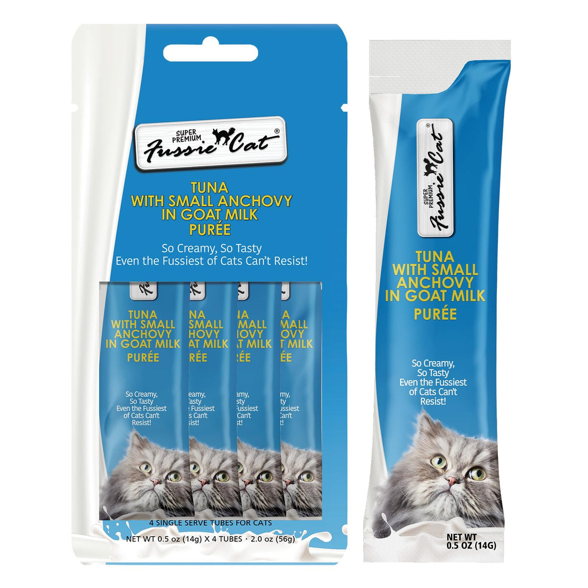 Fussie Cat thon-anchois purée lait chèvre : récompense savoureuse et facile à servir.