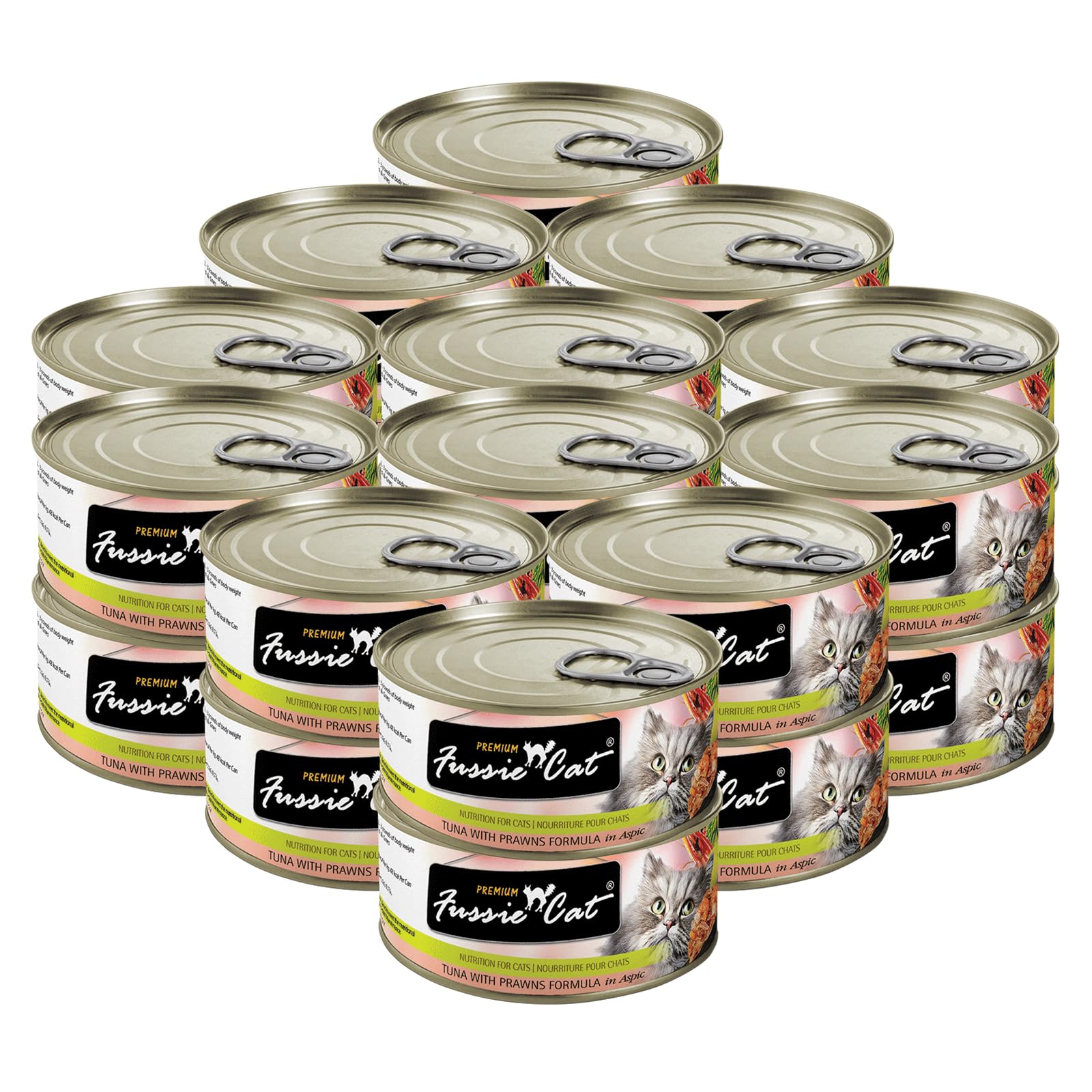 Fussie Cat Thon-Crevettes en Aspic dans une boîte, repas humide pratique et appétissant.