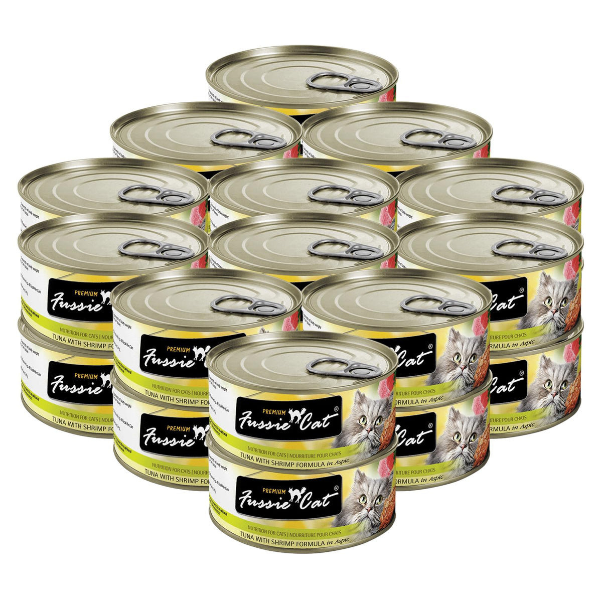 Fussie Cat thon et crevettes en aspic, texture appétissante pour chats.